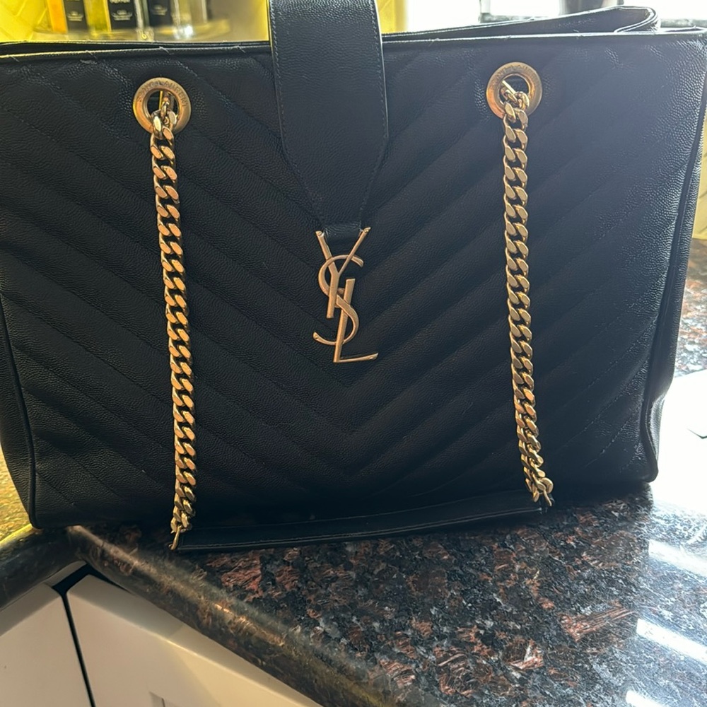 YSL Grand de Poudre Handbag. Black with Gold Hardware.